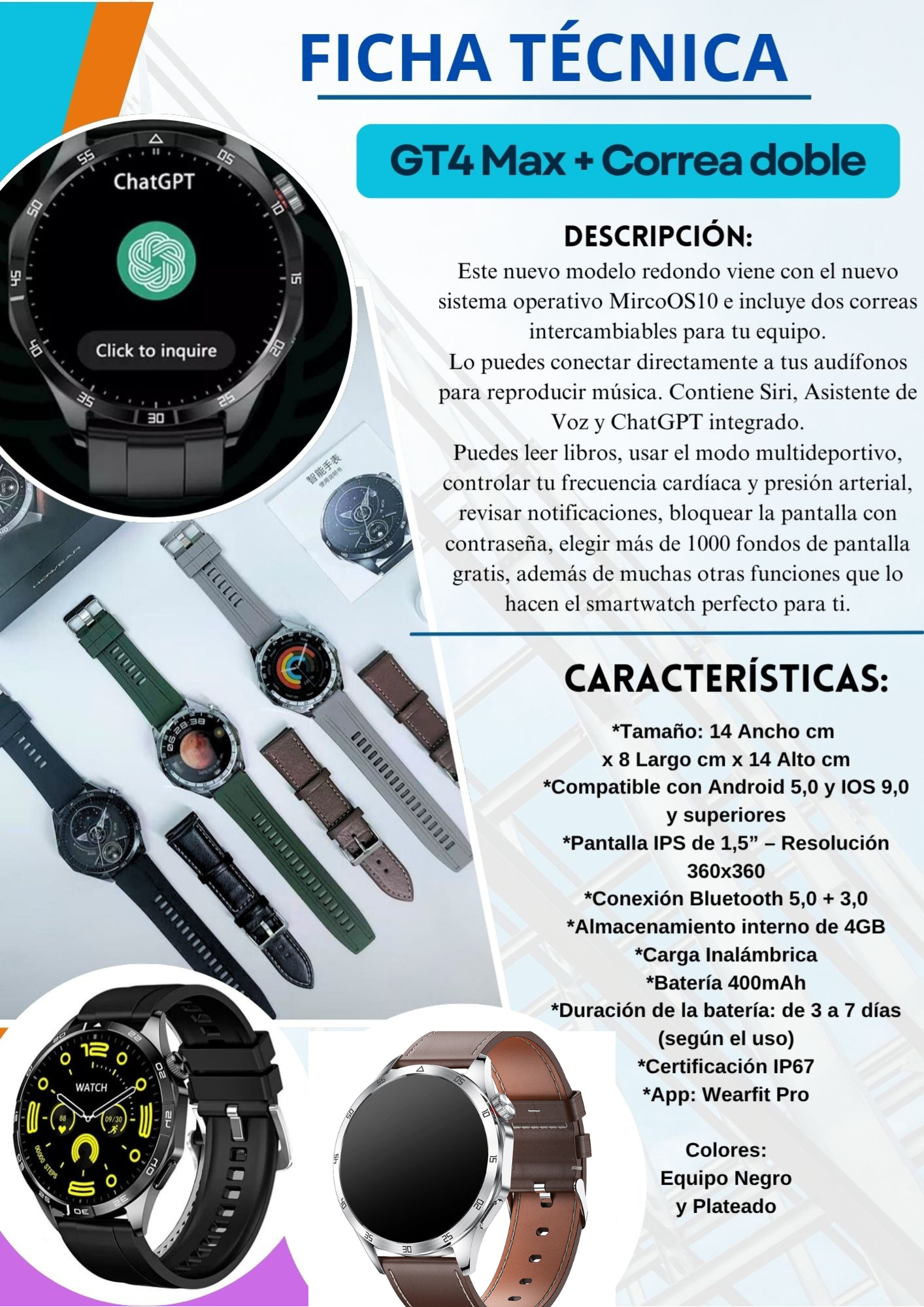 SMARTWATCH GT4 MAX + Dos correas
